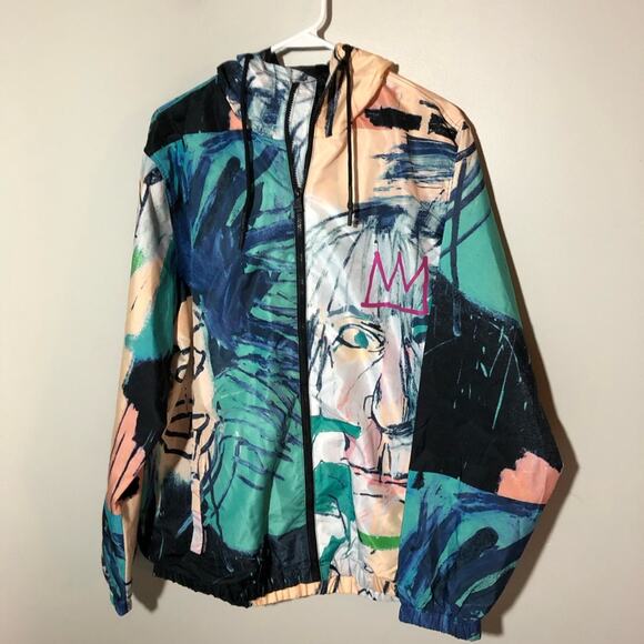 Members Only X Basquiat hooded jacket windbreaker mens L artwork graffiti street - Picture 2 of 11